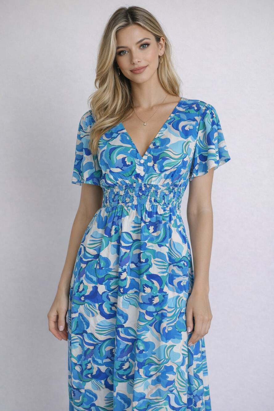Abel The Label Womens Blue Floral Midi Dress Smocked Waist V Neck Size XS